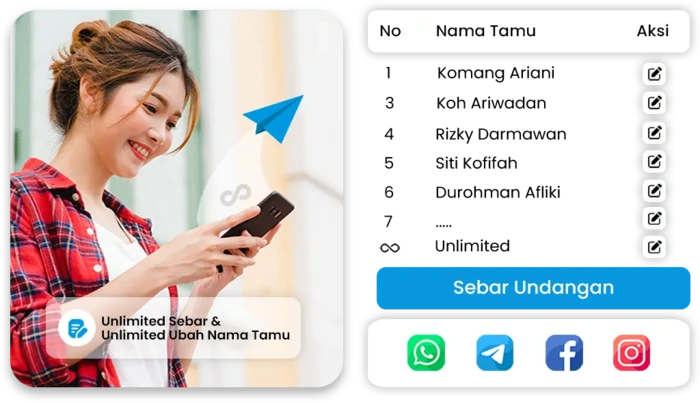 Sebar & Ubah Nama Tamu Tanpa Batas